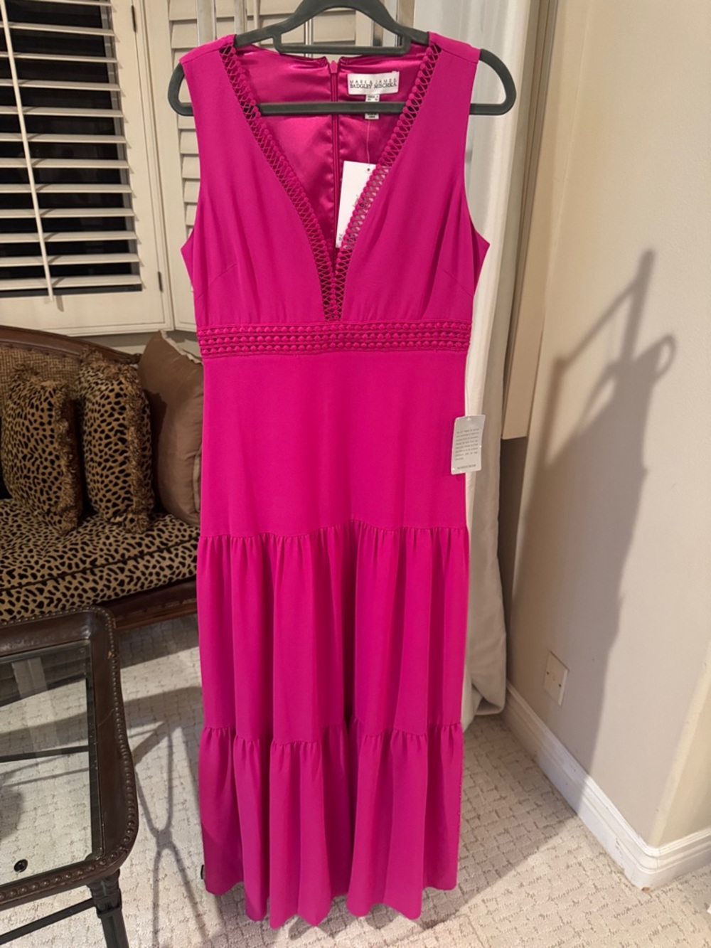 Badgley Mischka Sleeveless Hot Pink Tiered Maxi Dress with Crochet Detail